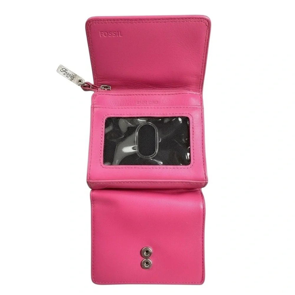 FOSSIL Genuine Leather Mini Bifold Silver Snap Wallet in Fuchsia - Vintage; EUC